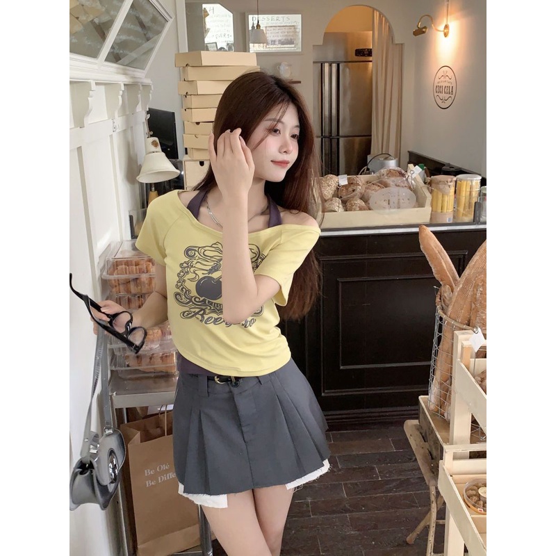 Áo Thun Ngắn Tay Giả Hai Lớp Màu Sắc Tương Phản Phong Cách Retro Mỹ Cho Nữ