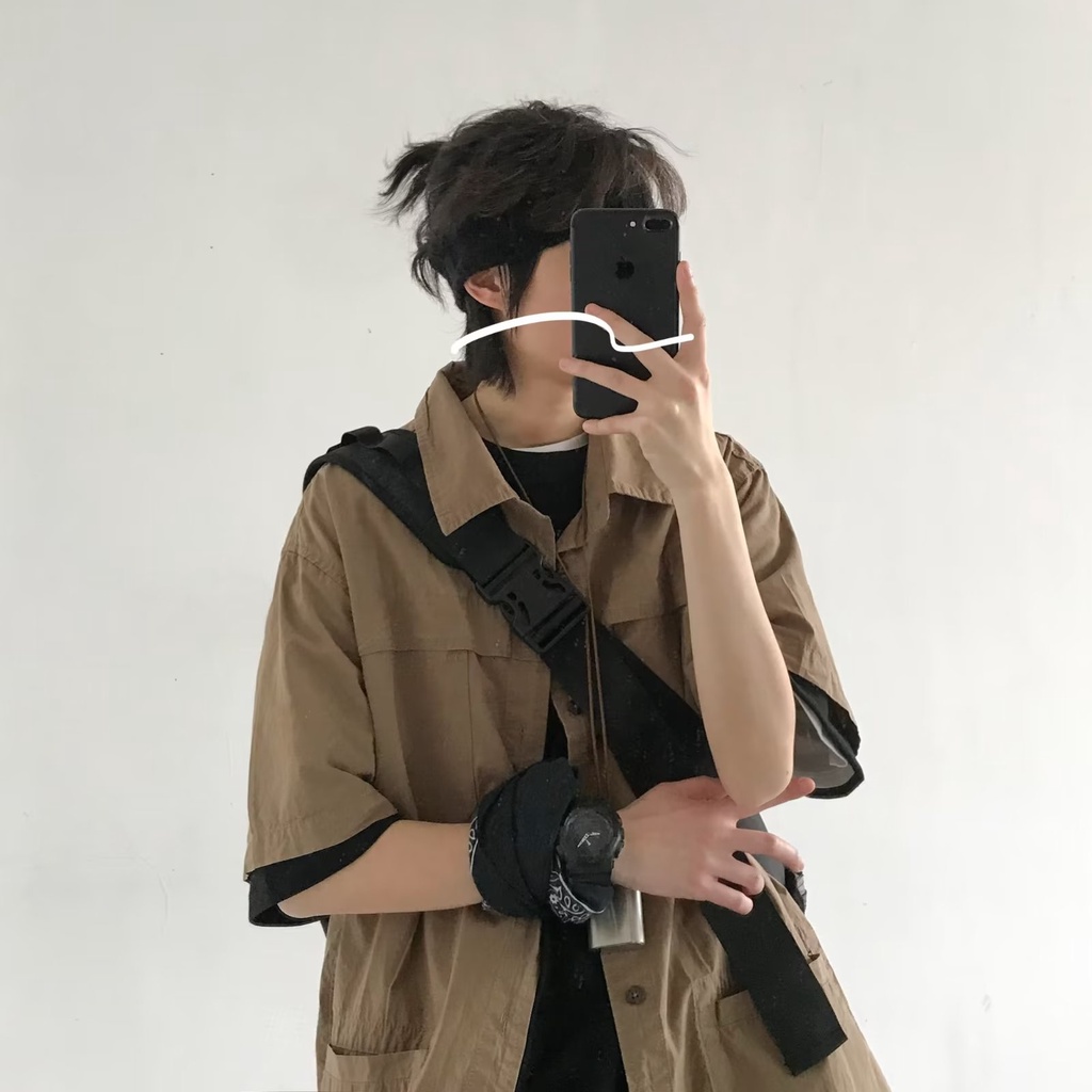 Áo Sơ Mi Nam Tay Lửng Dáng Rộng Phong Cách Đường Phố Nhật Bản