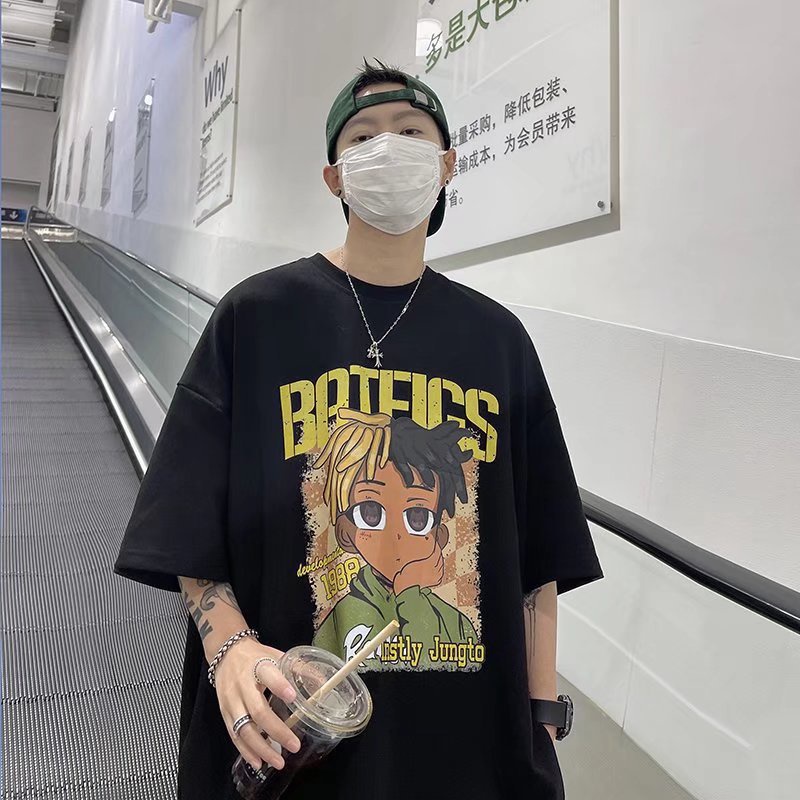 Áo thun nam ngắn tay hoạt hình mùa hè phong cách retro của Mỹ thương hiệu thời trang nửa tay rộng rãi phong cách hip-hop