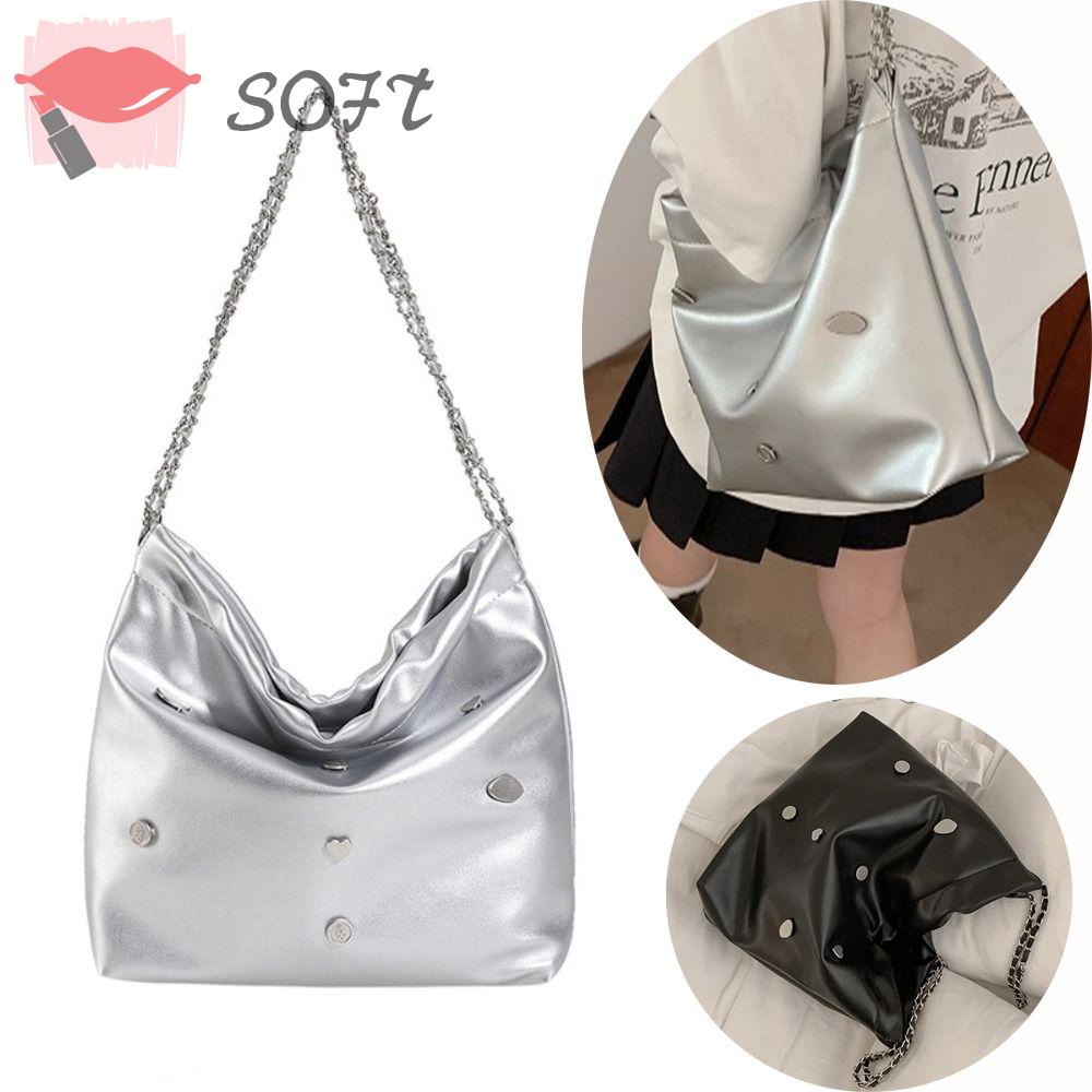 SOFTNESS Túi Xách Da Cỡ Lớn Phối Dây Xích Đeo Vai Sành Điệu Cho Nữ