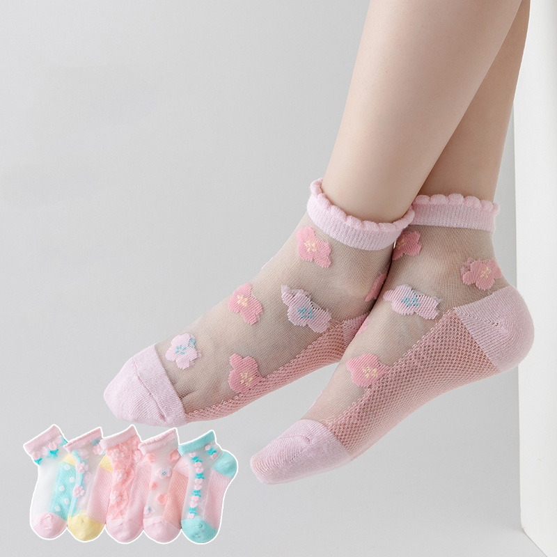 Bộ 5 Đôi Vớ Cotton Lụa Lạnh Mỏng Thoáng Khí In Hoạt Hình Dễ Thương Thời Trang Mùa Hè Cho Bé Gái