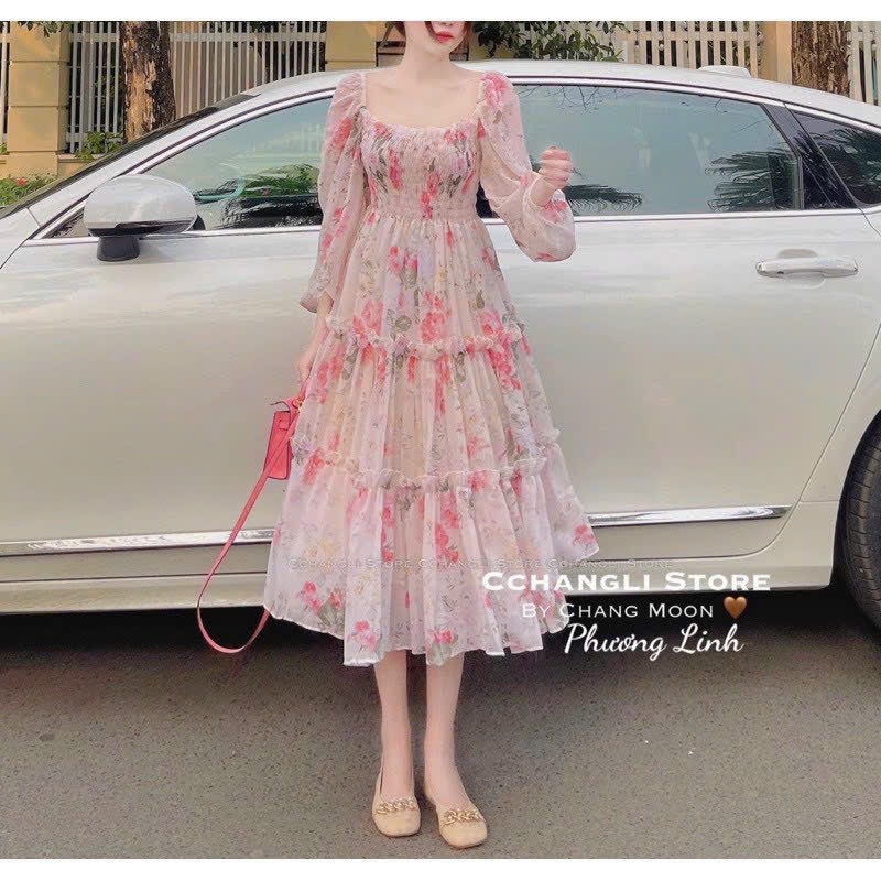 Đầm Maxxi Hoa Hồng Cổ Vuông Tay Phồng Bèo alohashop91