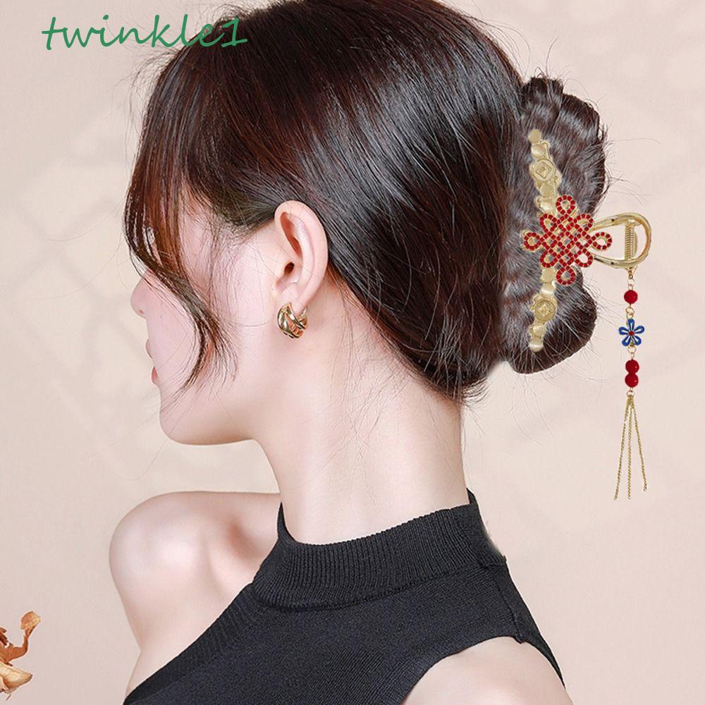 TWINKLE Kẹp Tóc Đuôi Ngựa Cỡ Lớn Đính Hạt Phối Tua Rua Phong Cách Trung Hoa Cổ Điển Thời Trang Cho Nữ
