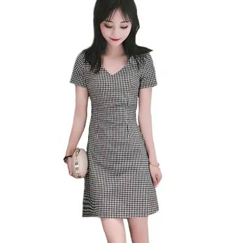 Đầm Ngắn Tay Cổ Chữ V Họa Tiết Ca Rô Thời Trang Dành Cho Nữ