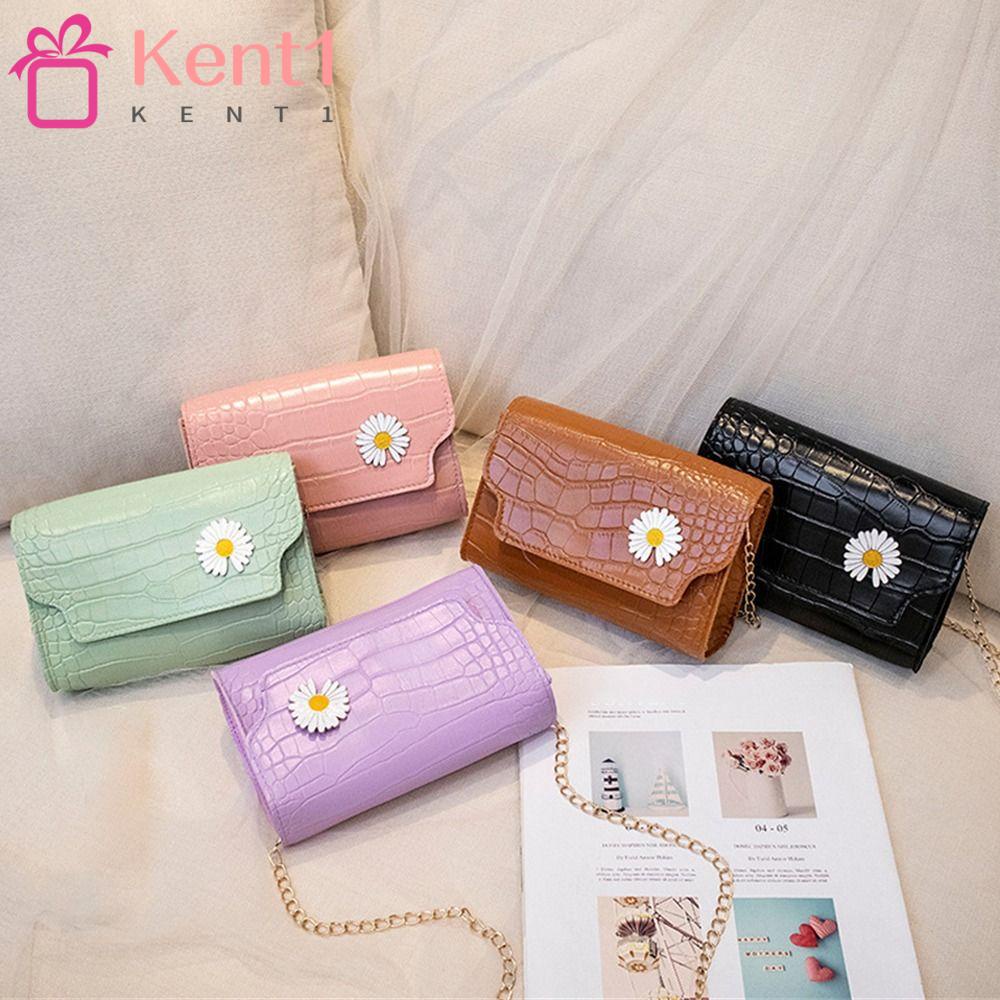 KENT1 Túi Xách Da PU Màu Trơn Họa Tiết Hoa Cúc Phối Dây Đeo Sợi Xích Thời Trang Cho Nữ