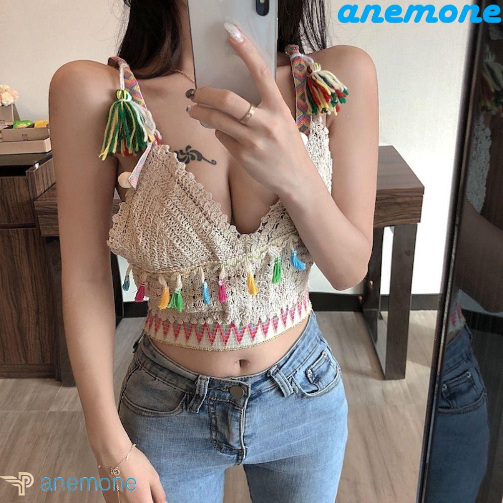 ANEMONE Áo Croptop Dệt Kim Cổ Chữ V Dáng Rộng Phối Tua Rua Thời Trang Mùa Hè Phong Cách Hàn Quốc Cho Nữ
