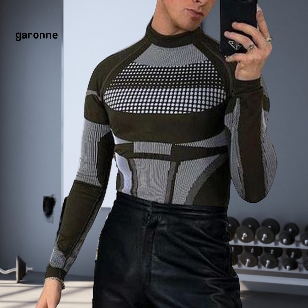 Áo Thun Tay Dài Cổ Cao Ôm Dáng Họa Tiết Kẻ Sọc Màu Sắc Tương Phản Thời Trang Mùa Đông Cho Nam