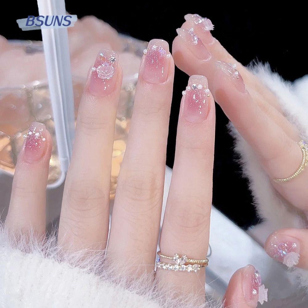 BSUNS Bộ 24 Móng Tay Giả Màu Hồng Có Thể Tái Sử Dụng Che Phủ Toàn Diện