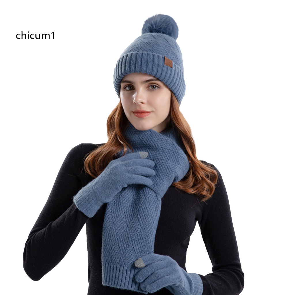 Cc 1 Set Mũ Khăn Quàng Cổ + Găng Tay + Găng Tay Lót Lông Giữ Ấm Mùa Đông Màu Trơn Thoải Mái Dành Cho Nữ