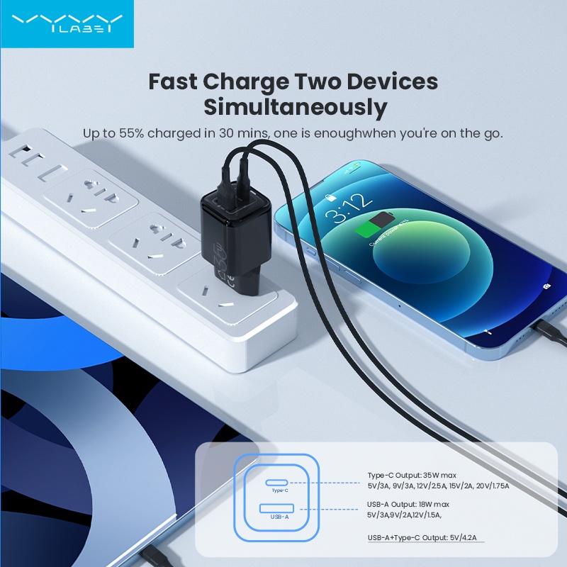 Củ Sạc Nhanh Vyvylabs 35W PD3.0 QC4.0 Hai Cổng USB Type C Phích Cắm EU / US Cho iP 14 13 Pro Max Mini 8 Plus
