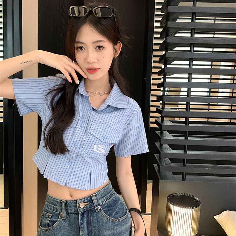 Áo Sơ Mi Ngắn Tay Dáng Ôm Thêu Họa Tiết Kẻ Sọc Thiết Kế Mới Thời Trang Mùa Hè