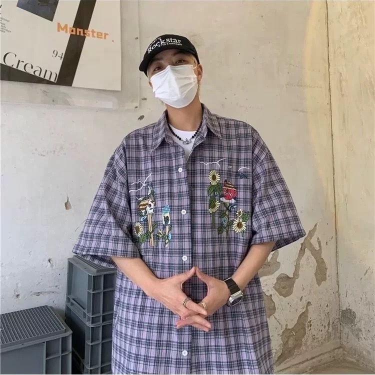 Áo Sơ Mi Nam Dáng Rộng Họa Tiết Caro Thời Trang Phong Cách Hàn Quốc