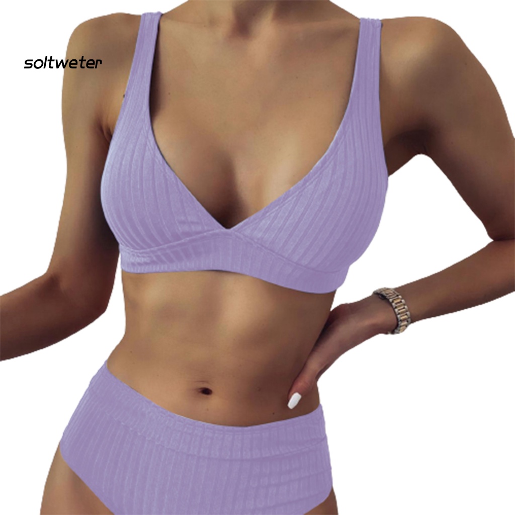 Bộ Đồ Bơi Bikini Hai Mảnh Cổ Chữ V Sâu Màu Trơn Có Gân Và Quần Lót Dành Cho Bạn Nữ Mặc Mùa Hè