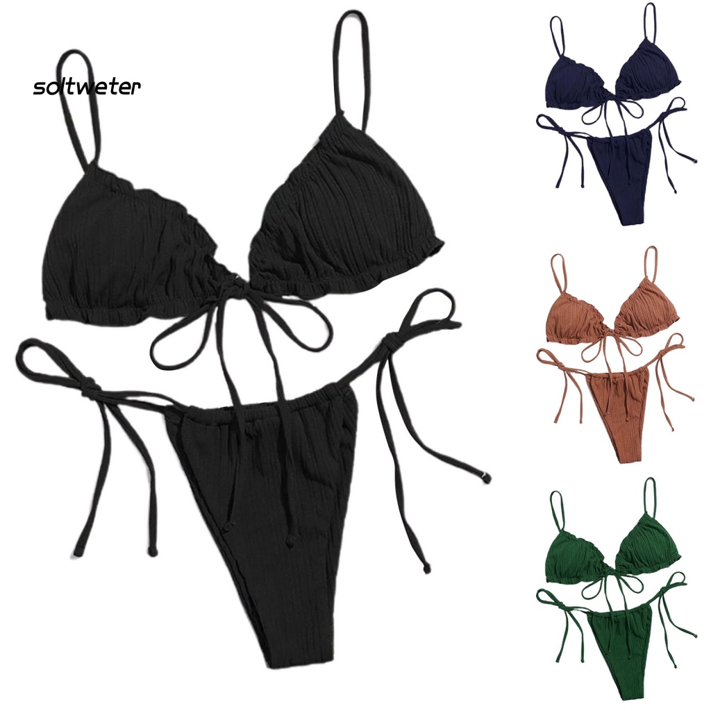 St Bộ Đồ Bơi Bikini Hai Mảnh Hở Lưng Màu Trơn Dành Cho Nữ