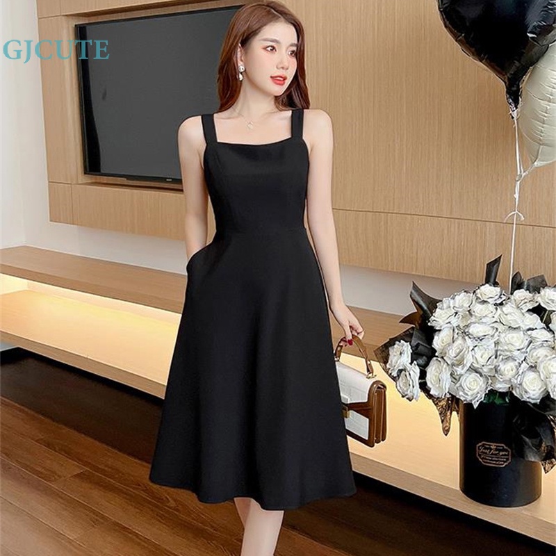 Đầm Midi Hai Dây Dáng Chữ A Màu Trơn Kiểu Pháp Thời Trang Mùa Hè Cho Bạn Gái