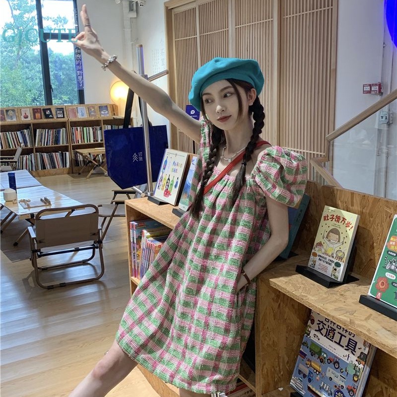 Đầm Mini Dáng Rộng Tay Phồng Họa Tiết Kẻ Sọc Phong Cách Boho Thời Trang Đi Biển Mùa Hè Cho Nữ WTD