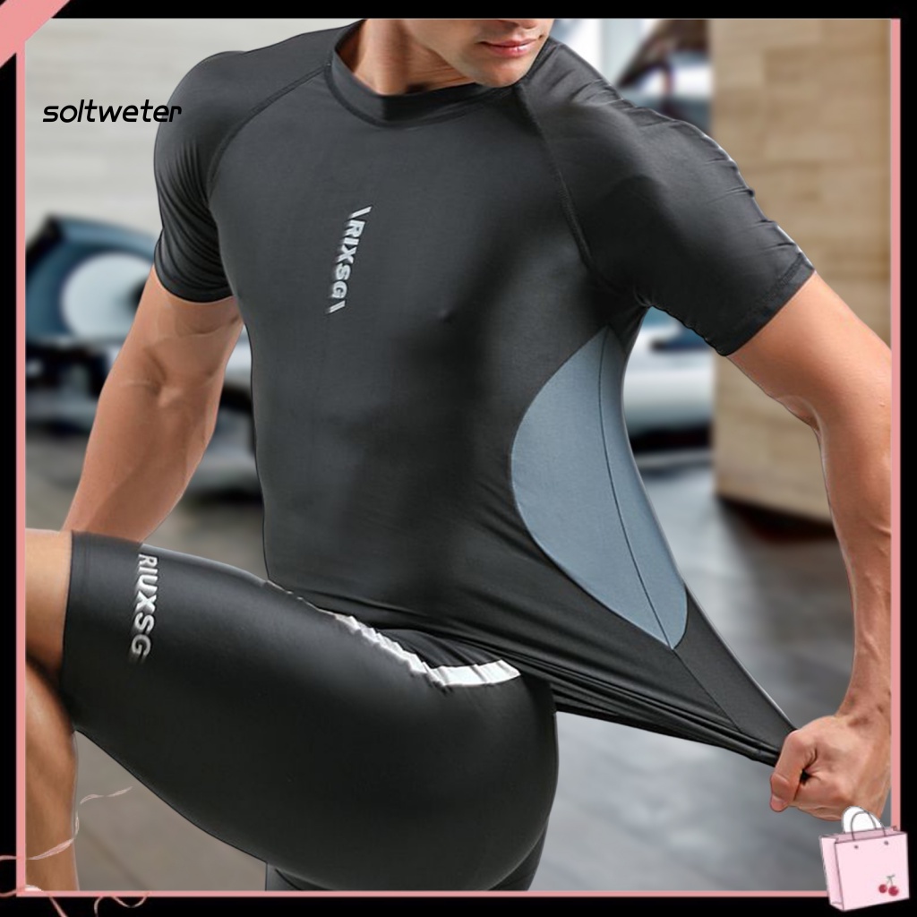 Bộ Đồ Bơi 2 Mảnh Áo Thun Tay Ngắn Cổ Tròn + Quần Lửng Thời Trang Đi Biển Cho Nam