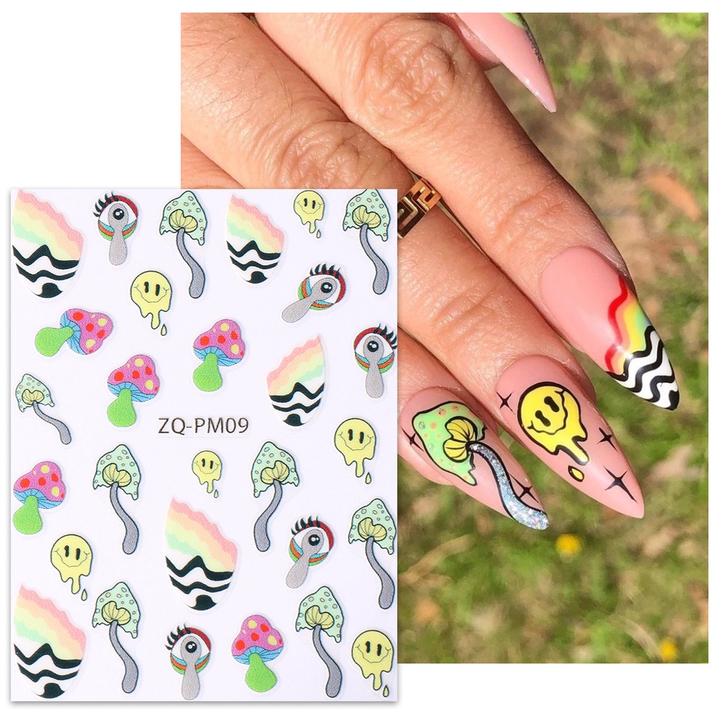 Miếng Dán Trang Trí Móng Tay In Chữ Tiếng Anh Flying Saucer Love Nấm Dopamine Màu Sắc Mùa Hè Y2K