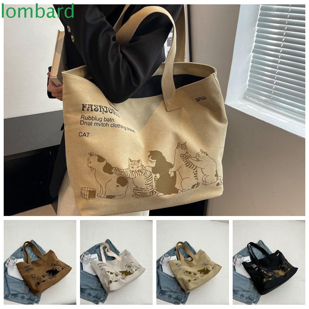 LOMBARD Túi Tote Vải Canvas In Hình Mèo Và Chữ Thanh Lịch Dễ Phối Đồ Thời Trang Đường Phố