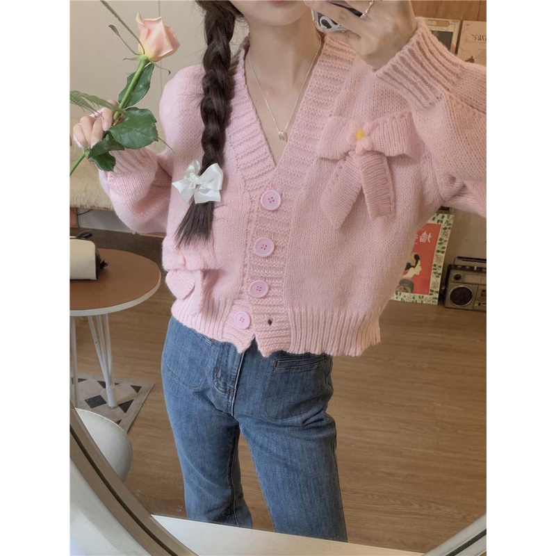 Áo Cardigan Dệt Kim Mềm Dáng Rộng Cổ Chữ V Thắt Nơ Xinh Xắn Thời Trang Cho Nữ