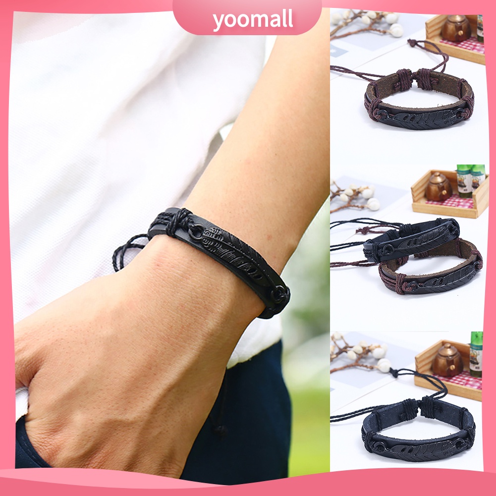 Vòng Tay Giả Da Dây Bện Phối Mặt Hình Lông Vũ Có Thể Điều Chỉnh Kích Cỡ Cho Nam