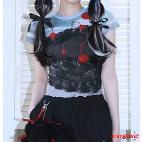 Áo Thun Crop Top Tay Ngắn Phối Lưới In Hình Bánh Cherry Thời Trang Mùa Hè Cho Nữ
