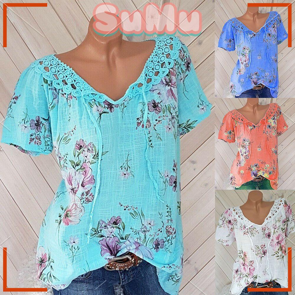 SUMU Áo Thun Nữ Cổ Chữ V Ngắn Tay Thích Hợp Cho Mùa Hè