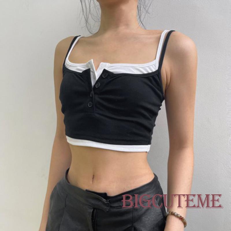 [] - Áo Croptop Hai Dây Hở Lưng Giả Hai Lớp Không Tay Thời Trang Mùa Hè Đường Phố Cho Nữ