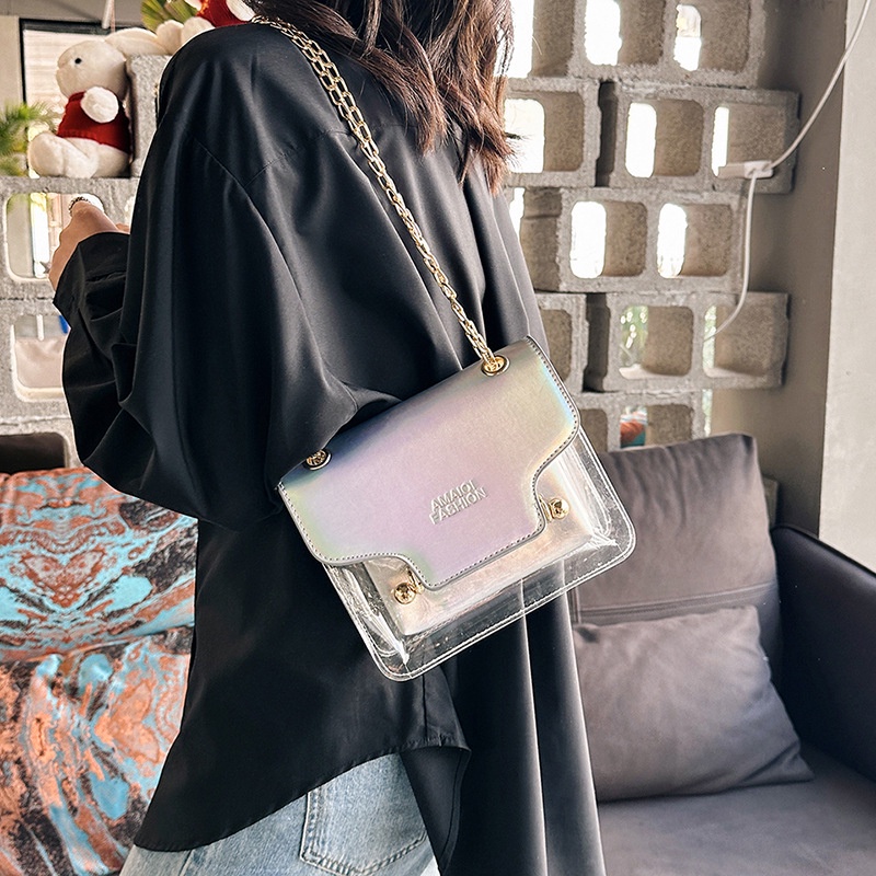 Túi Đeo Chéo Bằng PVC Trong Suốt Phối Dây Xích Phong Cách Hàn Quốc