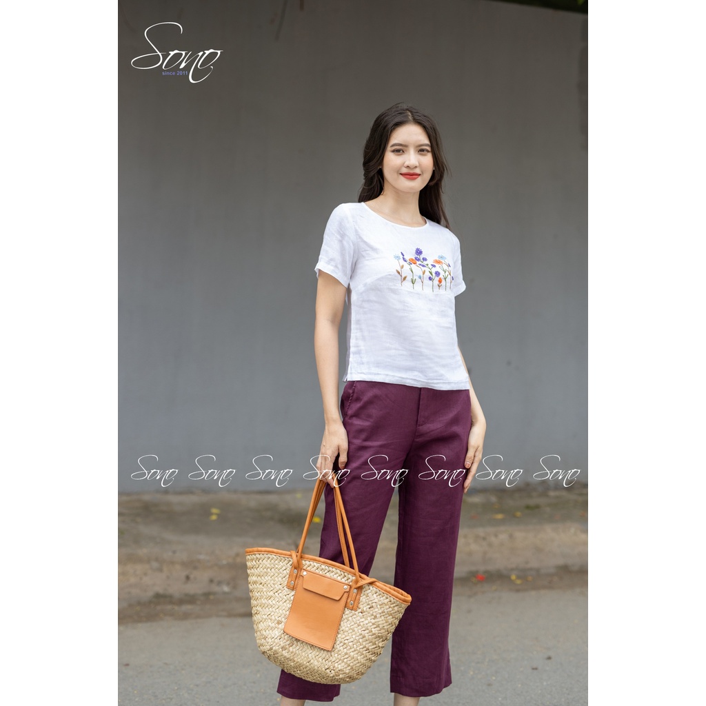 SONO - Áo Linen Có Tay Thêu Hoa Nhí
