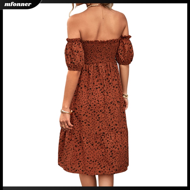 Đầm Trễ Vai Tay Ngắn Phối Bèo Họa Tiết Hoa Thanh Lịch Nữ Tính