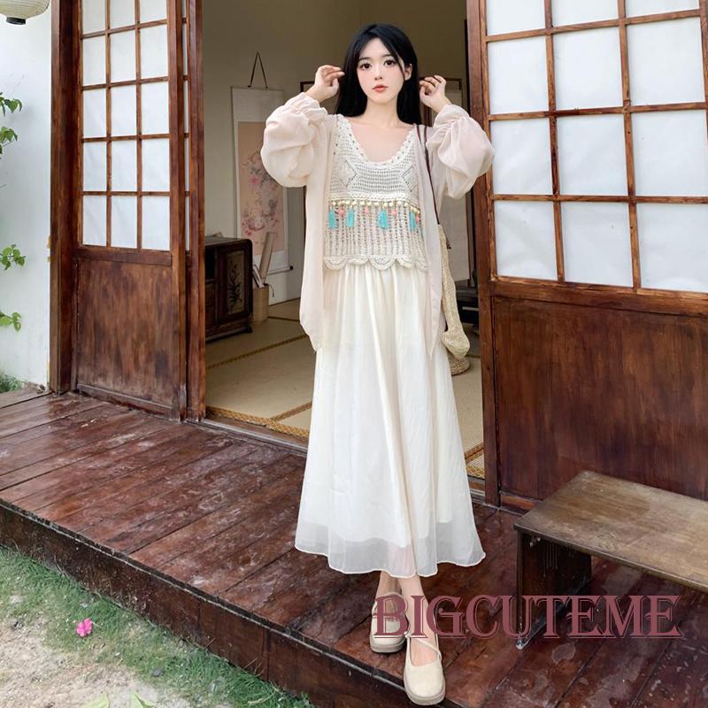 Áo Dệt Kim Sát Nách Cổ Chữ V Phối Tua Rua Thời Trang Đi Biển Mùa Hè Cho Nữ