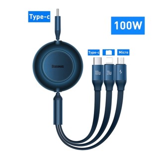 Cáp sạc dây rút 3 đầu baseus bright mirror 2 series retractable type-c to m+l+c 100w 1.1m