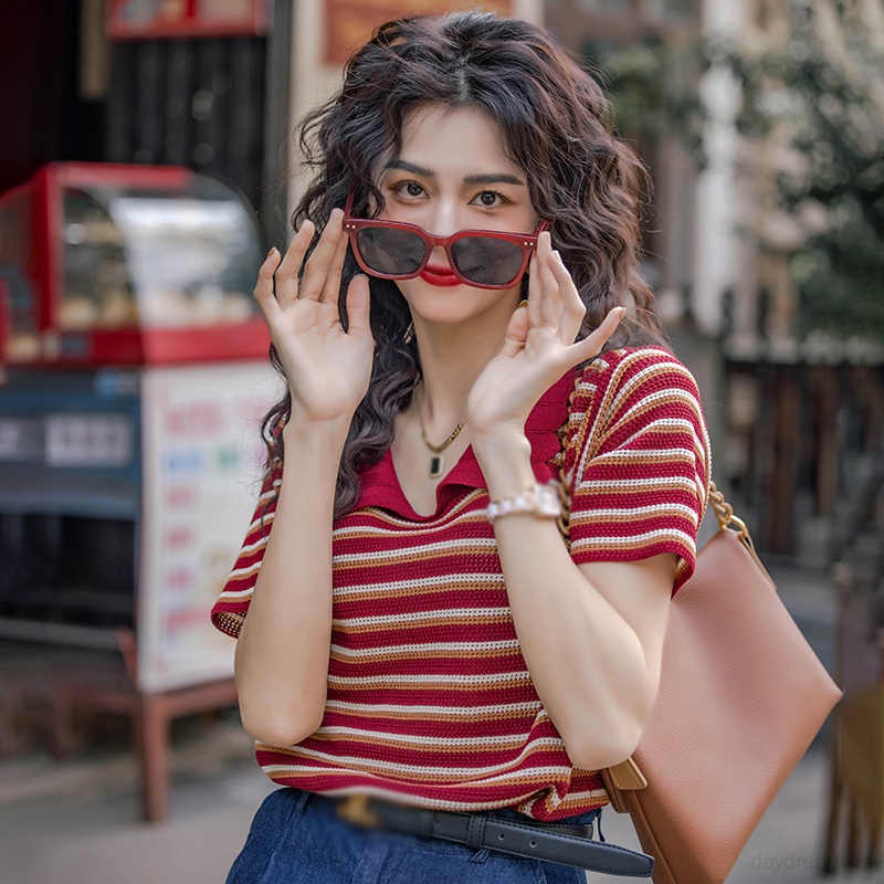 Áo Thun Dệt Kim Cổ Bẻ Họa Tiết Kẻ Sọc Thời Trang Mùa Hè Cho Nữ