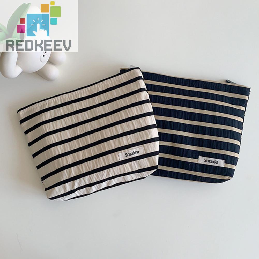 Túi Đựng Mỹ Phẩm Bằng Vải Canvas Họa Tiết Kẻ Sọc Sức Chứa Lớn Tiện Dụng Cho Nữ