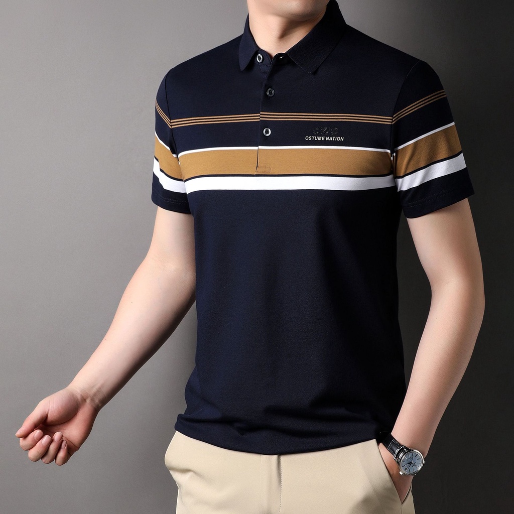 Áo Thun POLO Cotton Mỏng Tay Ngắn Dáng Rộng Họa Tiết Kẻ Sọc Nhuộm Màu Thời Trang Cho Nam