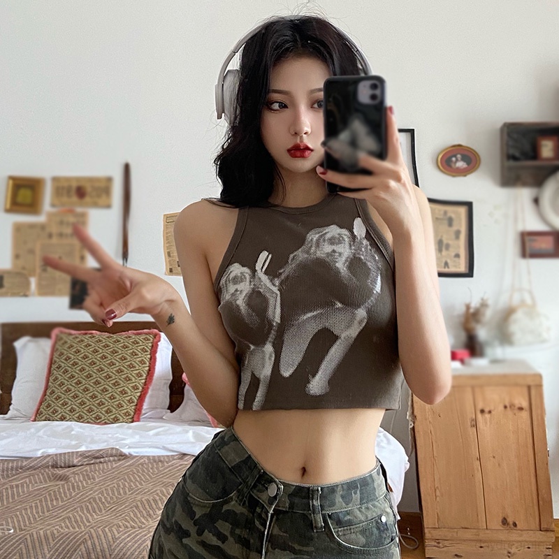 Áo Croptop Sát Nách Cổ Tròn Phong Cách Retro Mỹ