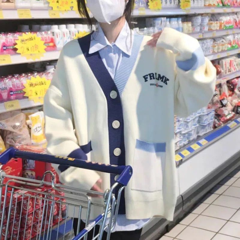 Áo Khoác Cardigan Dệt Kim Thêu Chữ Phối Màu Phong Cách Hàn Quốc Thời Trang Cho Nữ