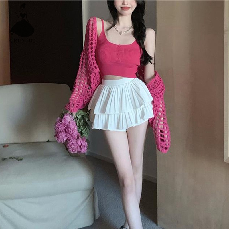 Áo Dệt Kim Sát Nách Dáng Rộng Màu Trơn Thời Trang Mùa Hè CRLNHC Y2k