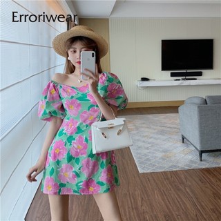 Erroriwear Nữ Mini Đầm Tương Phản Mới In Hoa Tắt Vai Sừng Tay