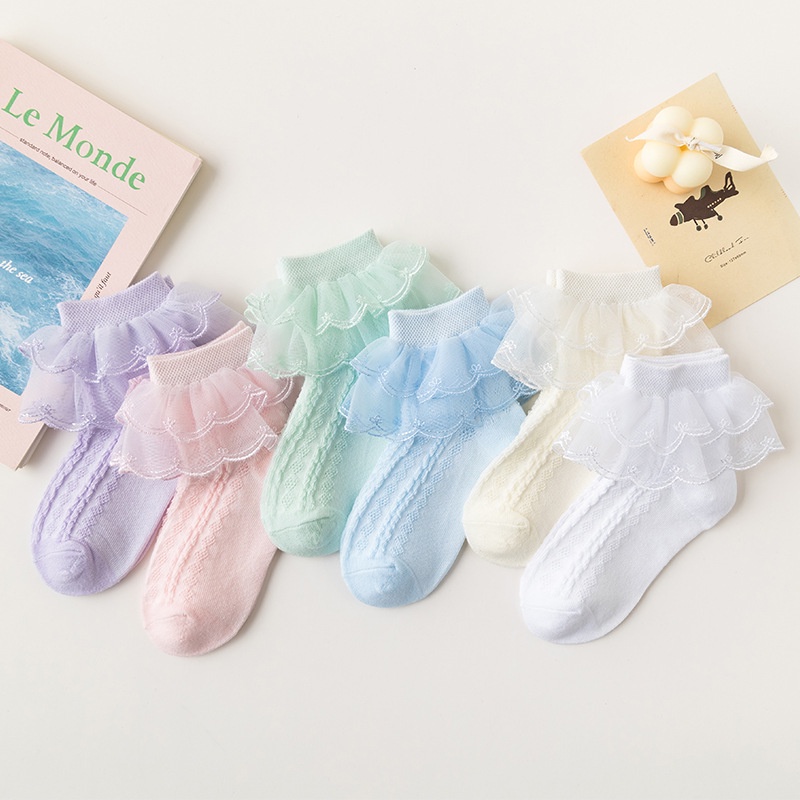 Vớ Công Chúa Chất Liệu Cotton Mỏng Phối Ren Màu Sắc Trơn Thời Trang Mùa Hè Cho Bé Gái