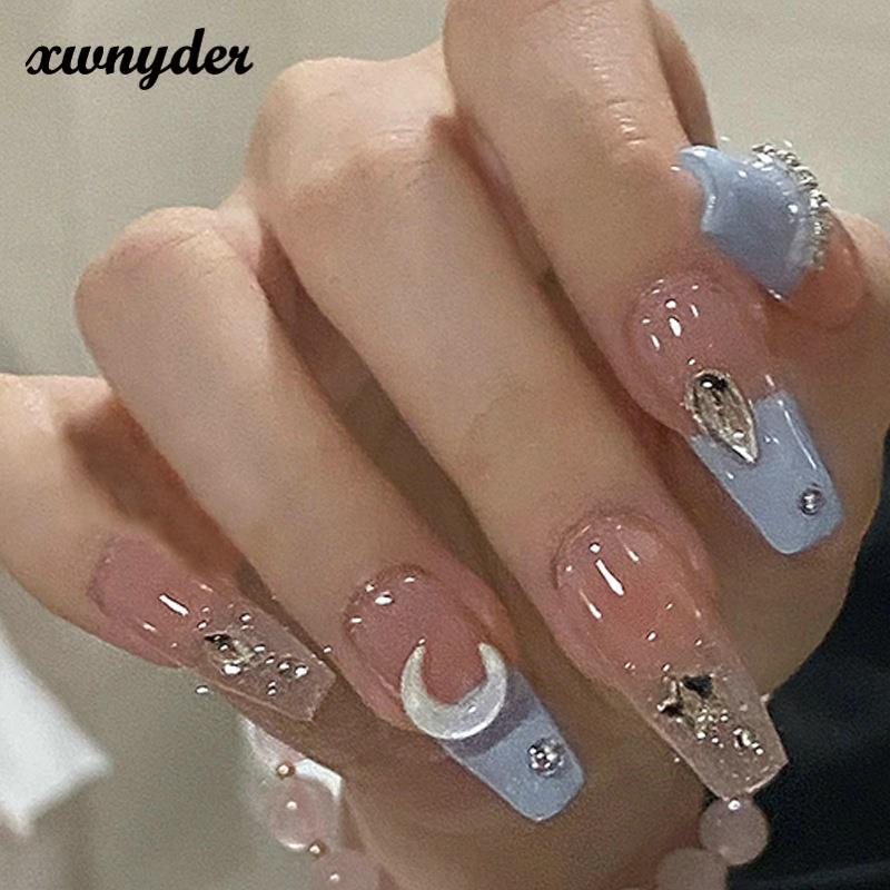Bộ 24 Móng Tay Giả Màu Xanh Nhạt Đính Ngôi Sao Mặt Trăng Dáng Dài Che Phủ Toàn Diện Ngọt Ngào