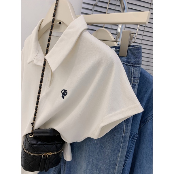 「CZC」Áo Thun Polo Tay Ngắn Thêu Họa Tiết Đơn Giản Phong Cách Pháp Thời Trang Mùa Hè Cho Nữ