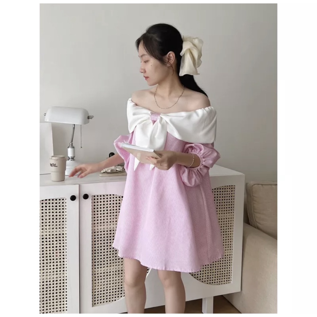 Váy hồng thắt nơ đơn giản dễ thương đi tiệc, đầm babydoll trễ vai công chúa sang chảnh tiểu thư