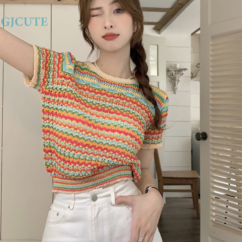 Áo Thun Dệt Kim Cổ Tròn Tay Ngắn Dáng Rộng Họa Tiết Kẻ Sọc Thời Trang Mùa Hè Cho Nữ