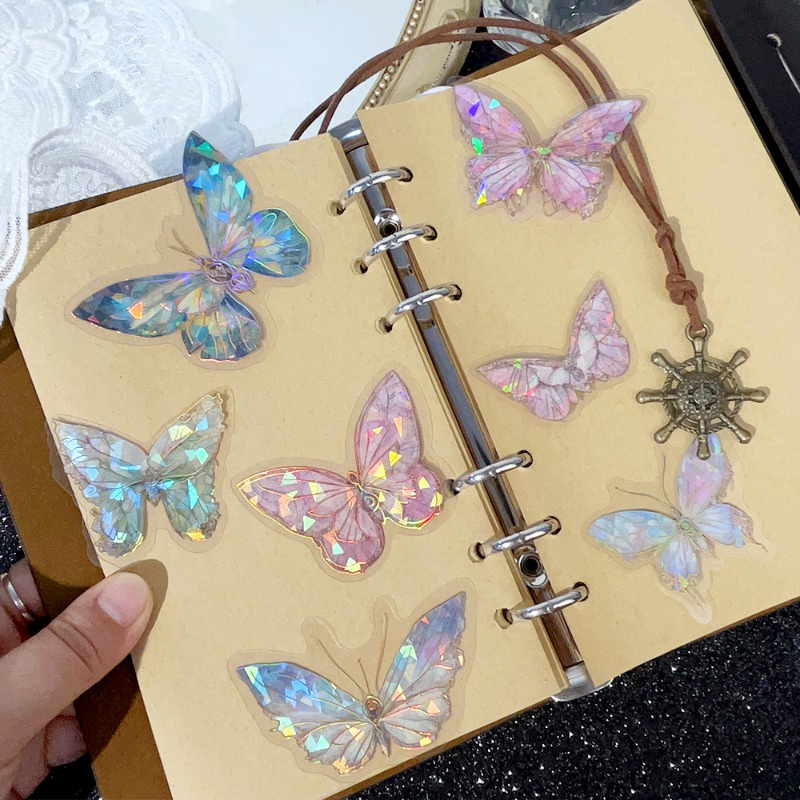 Miếng Dán PET Hình Bướm 3D Màu Laser Phong Cách Vintage Trang Trí Sổ Tay DIY