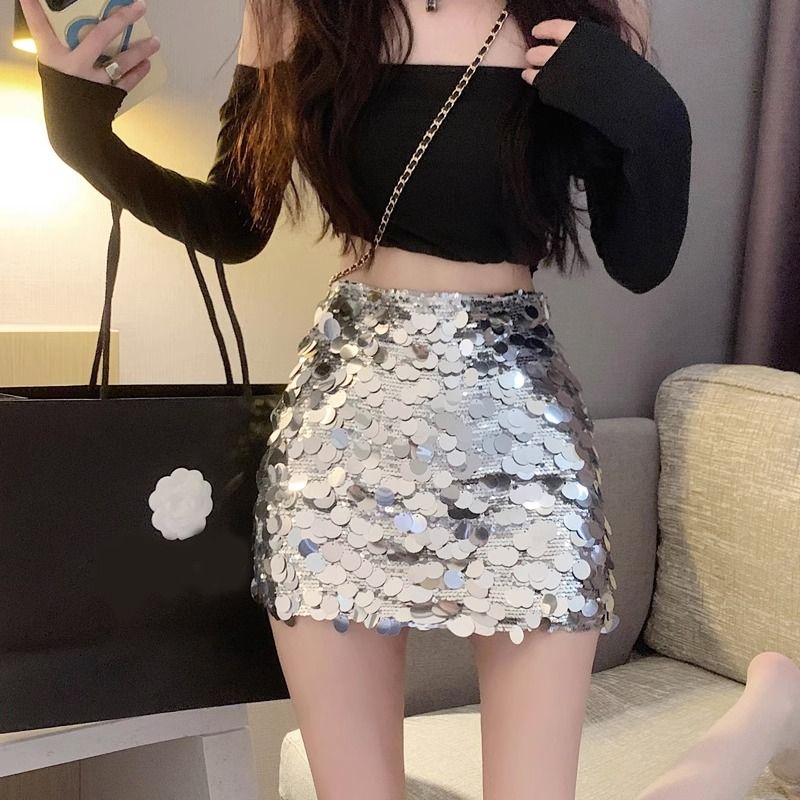 COZOK Chân Váy Lưng Cao Đính Kim Sa Lấp Lánh Thời Trang Quyến Rũ