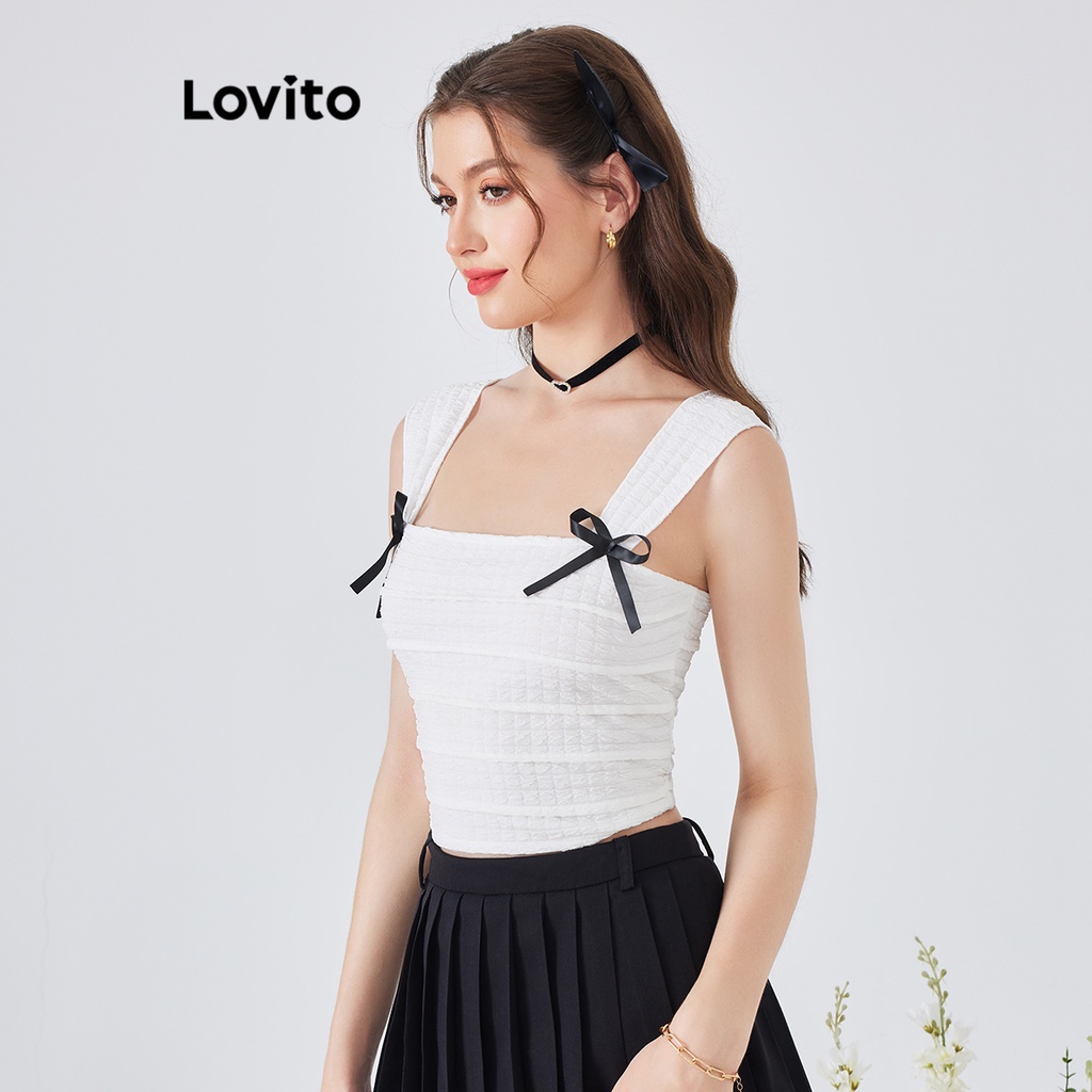 Áo tanktop Lovito phong cách dễ thương màu trơn phối nơ phía trước dành cho nữ L54ED050 (trắng)