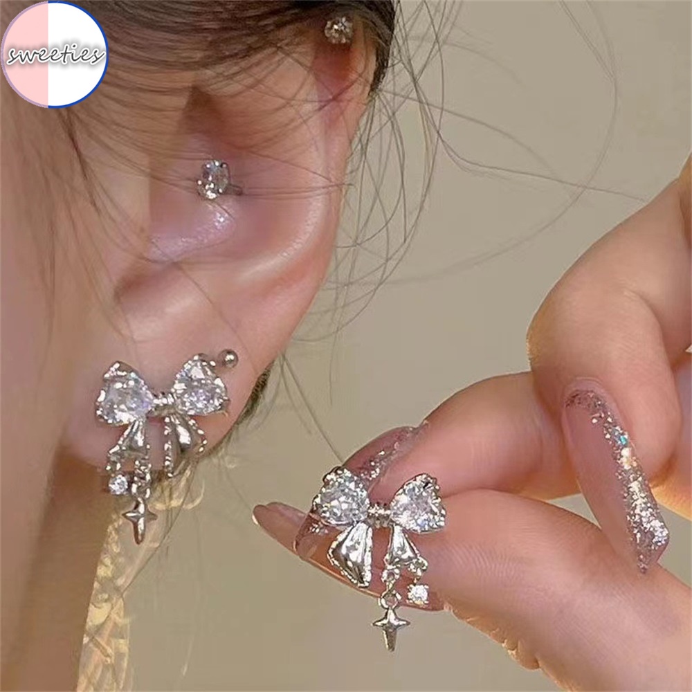 Bông Tai Mạ Bạc 925 Hình Nơ Đính Đá Sang Trọng Phong Cách Hàn Quốc