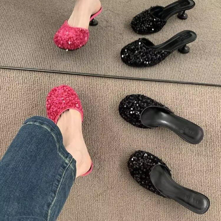 Dép Cao Gót Mũi Tròn Đính Kim Sa Thời Trang Cho Nữ Size 35-40